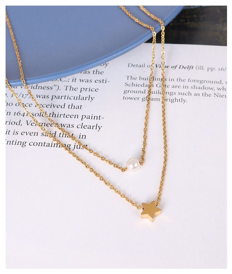 Five-pointed Star Pendant Imitation Pearl Necklace Double Layered Titanium Steel Clavicle Chain display picture 7
