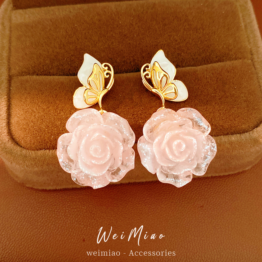 Agujas de plata goteando aceite de resina de mariposa flor pernos de aretes de brillo dulce temperamento fresco pendientes de moda lujoso ligero de alta sensación de aretes image 1
