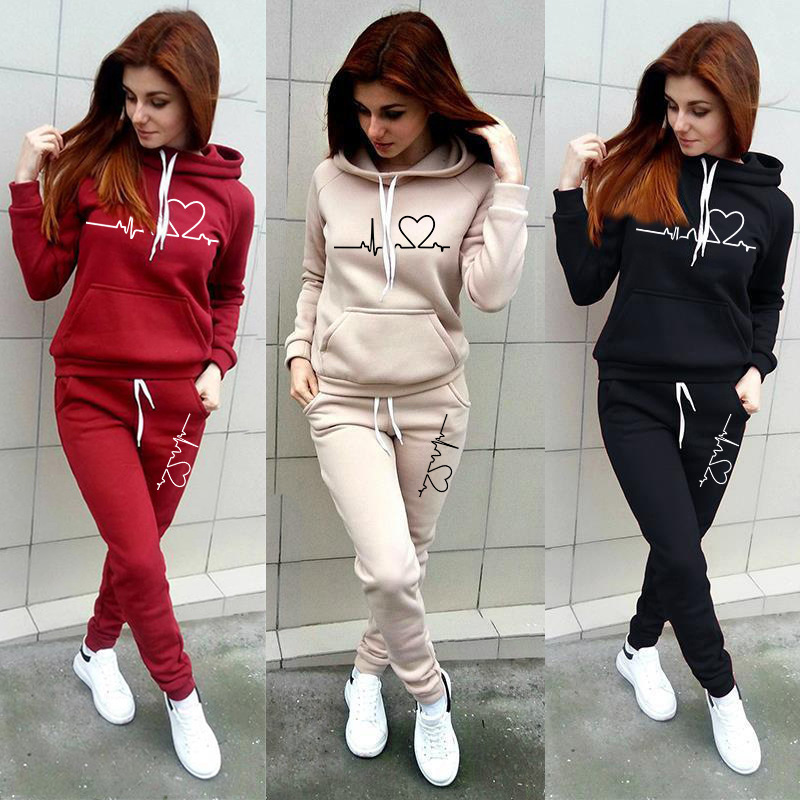 Foreign Trade Fashion New Women's Sweatshirt Suit Women's Casual Sports Suit Hooded Fashion Fleece Sweatshirt Suit