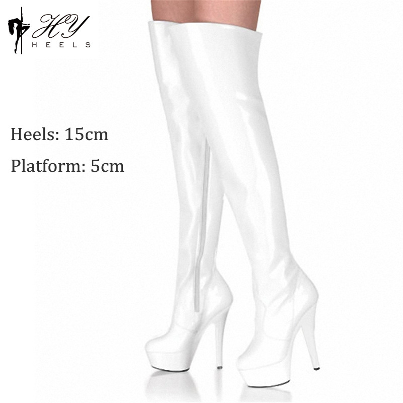 Boot dài quá gối da sáng chế gợi cảm dây buộc gót siêu cao 15cm — Màu đen, Màu hồng, Màu trắng, Màu đỏ
