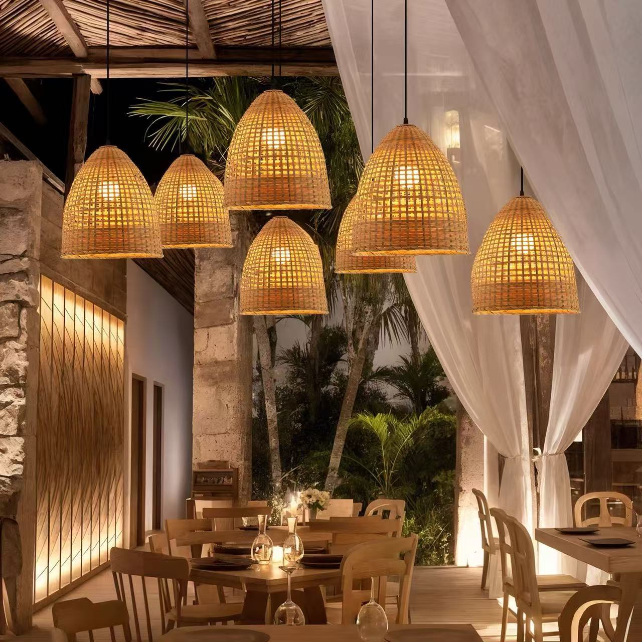 Chinese Zen Bamboo Chandelier Outdoor Courtyard Bamboo Lantern Restaurant B&B Decoration Waterproof Landscape Hanging Tree Lamp