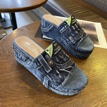欧美外贸大码一字牛仔布拖鞋女厚底坡跟显腿瘦外穿凉拖鞋slipper