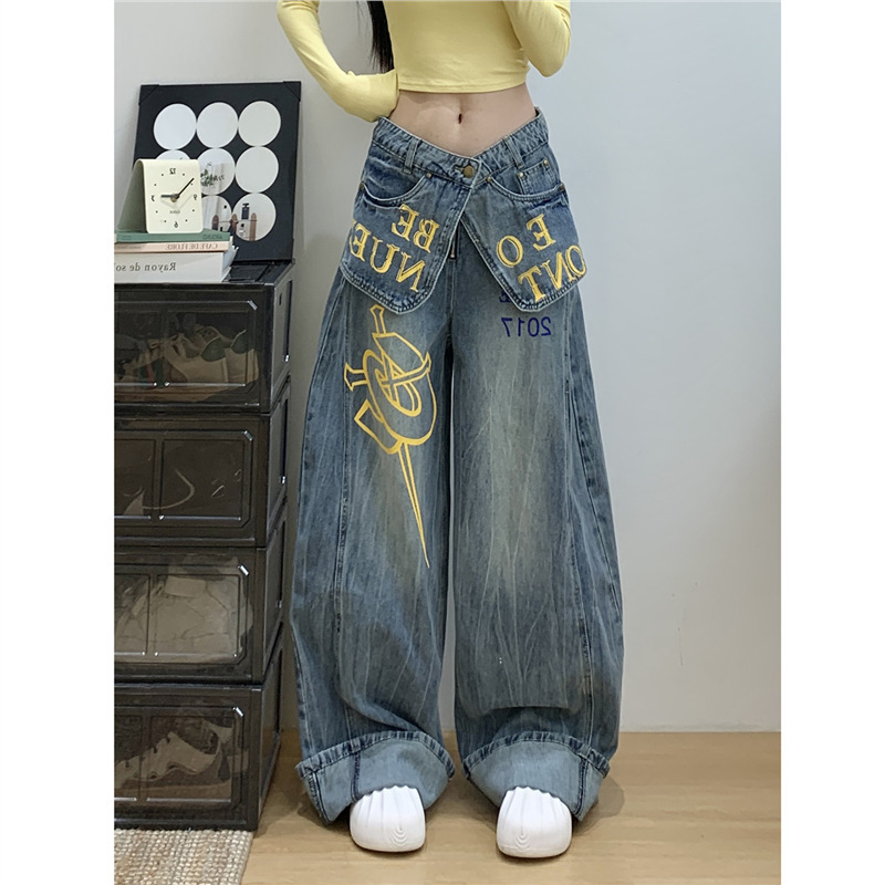 Design-Inspired Double-Waist Patch Letter-Print Jeans for Women, 2026 Summer American-Style Washed Slim-Fit Wide-Leg Pants