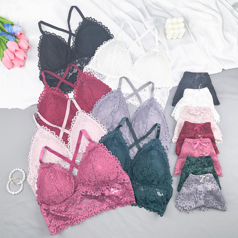 Conjunto de sujetadores de encaje transfronterizo cómodo y sexy, sin anillo de acero, ropa interior para niñas, confortable y pro-piel, conjunto de sujetadores