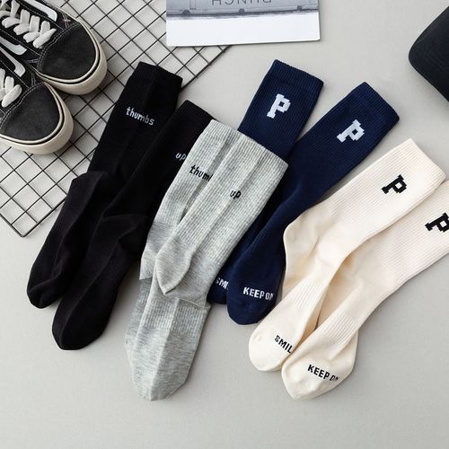 Spring and summer AB trendy socks for men and women letter P college style sports socks ins Japanese combed cotton mid-tube couple socks