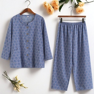 Elderly Women's Chiffon Suit 2025 Grandma's Summer Cool Cardigan Pants Three-Quarter Sleeve Loose Home Wear