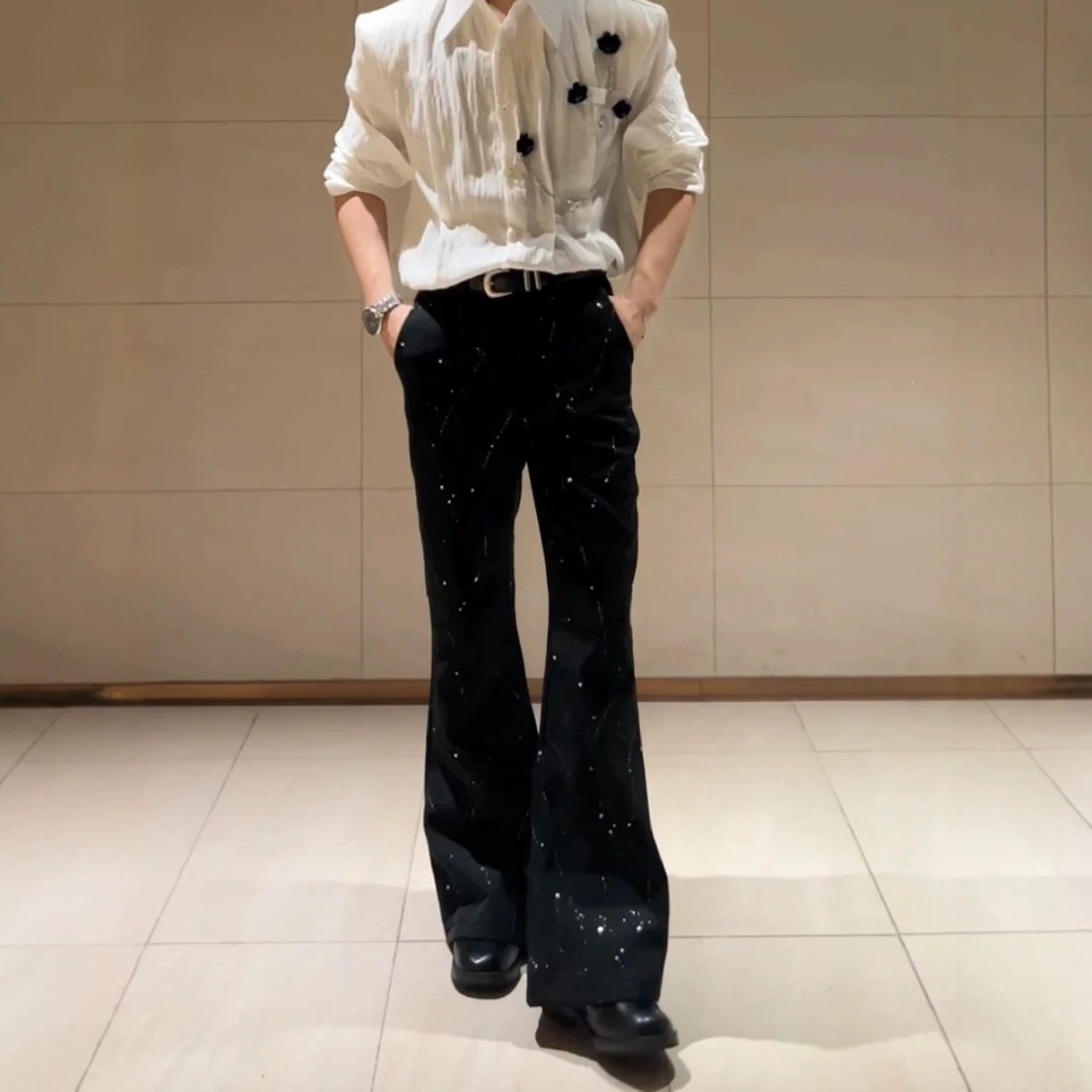 美式高街满天星亮闪喇叭裤西裤男修身显瘦显高级感抗皱重磅休闲裤