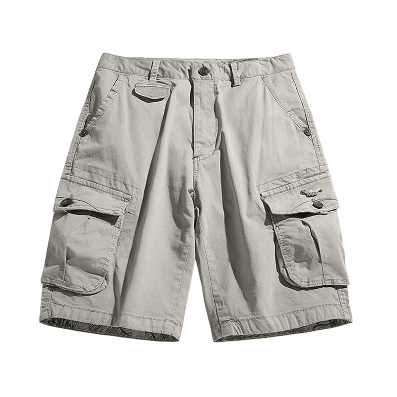 Men's Casual Pants Summer Thin Cargo Shorts Men's Multi-Pocket Pure Cotton Youth Retro Trendy Straight-Leg Knee-Length Shorts