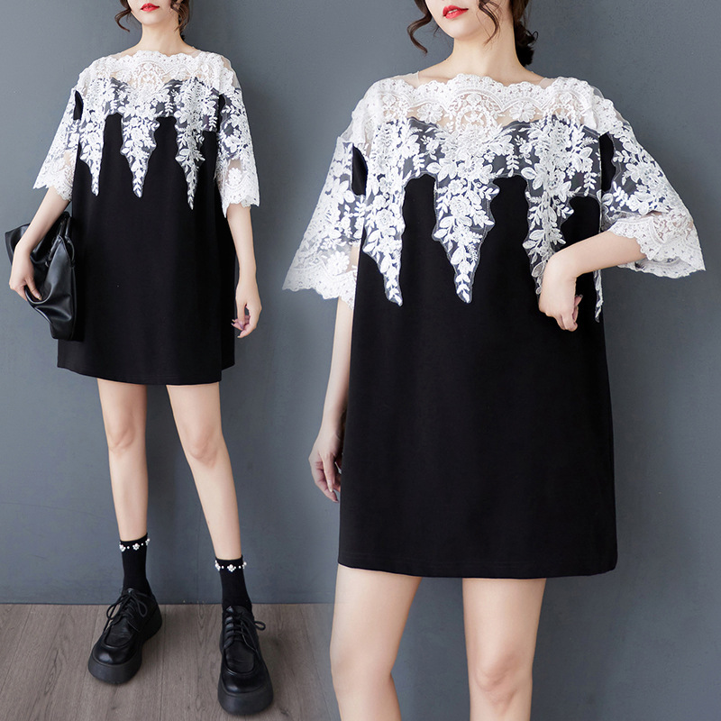 2025 New Summer Style Retro Style Black Dress Design Cut Out Lace Loose Slimming Look Fashionable Large Size T-Shirt