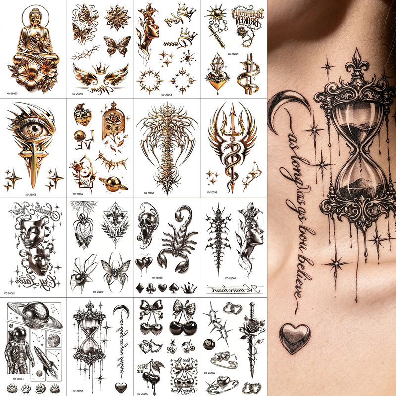 European and American dark black and gold tattoo stickers hourglass Buddha statue scorpion flower body clavicle chest arm temporary tattoo stickers European and American dark black and gold tattoo stickers hourglass Buddha statue scorpion flower body clavicle chest arm temporary tattoo stickers