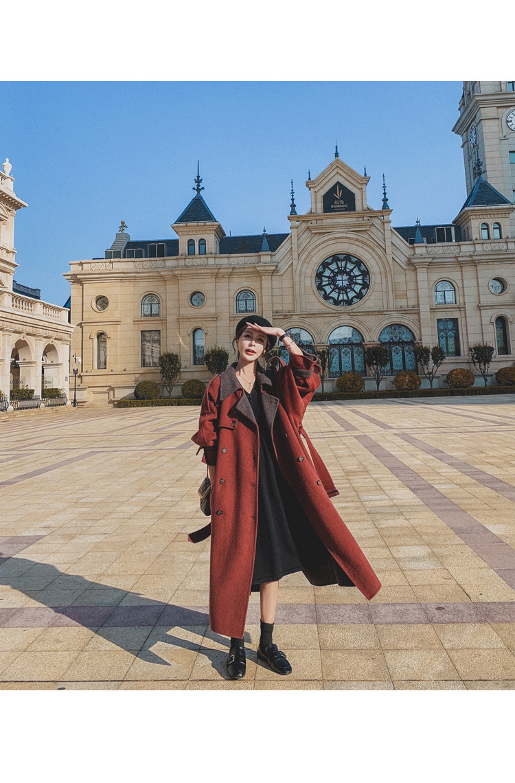 Women's Long Woolen Coat Brick Red Hepburn Style Winter Overcoat_voghion.com