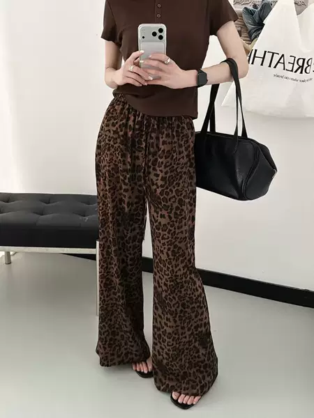 High-End Leopard Print Cool Pants 26 Summer New Style Loose Versatile Casual Straight-Leg Long Pants Women's Clothing Source Factory