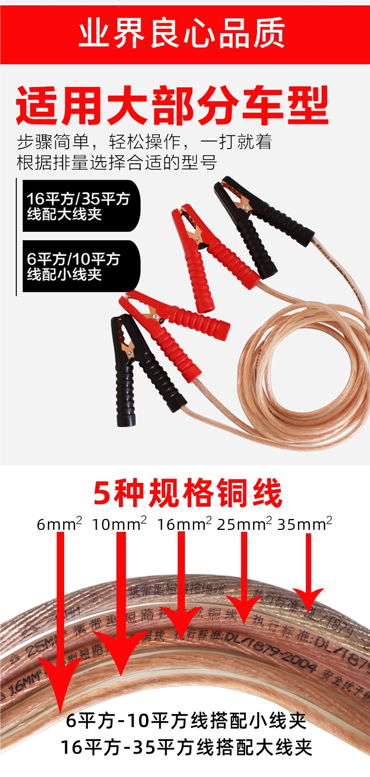 Qande Car Battery Cable Jumper Cable Alligator Clip Battery Connection Cable Grounding Jumper Cable