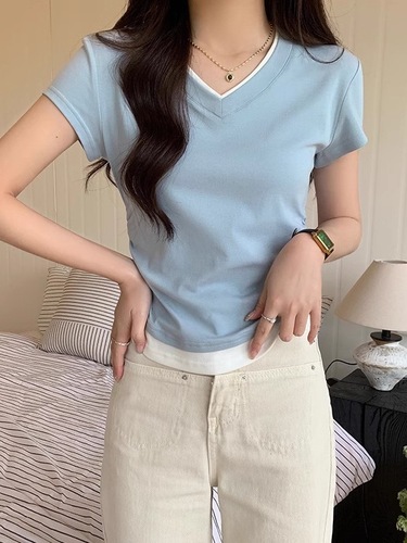 Women's Summer Short-Sleeve Collared Blouse with Cropped Hem, Puff Sleeve, Wrinkled, Fitted, and High-Waisted Two-Piece Top