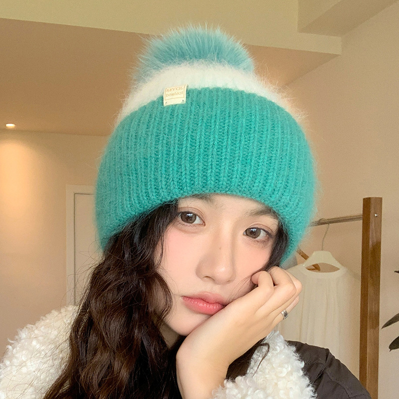 高档兔毛拼色针织帽女冬季保暖狐狸毛球毛线帽护耳帽东北厚实冷帽