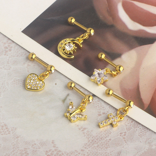 Titanium steel stainless steel rod micro-paved zircon crown ear bone nail screw ball fashion earrings European and American piercing jewelry