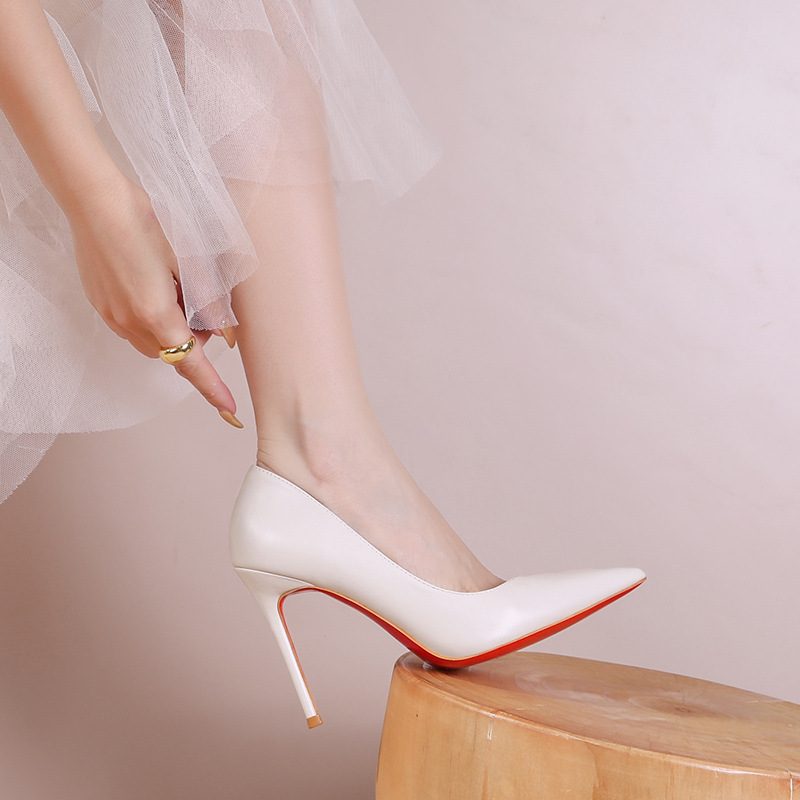 H1-2 Small Size Red Bottom Pointed High Heels Stiletto Heel Black Work Shoes Genuine Leather plus size Widened and Fattened Shoes