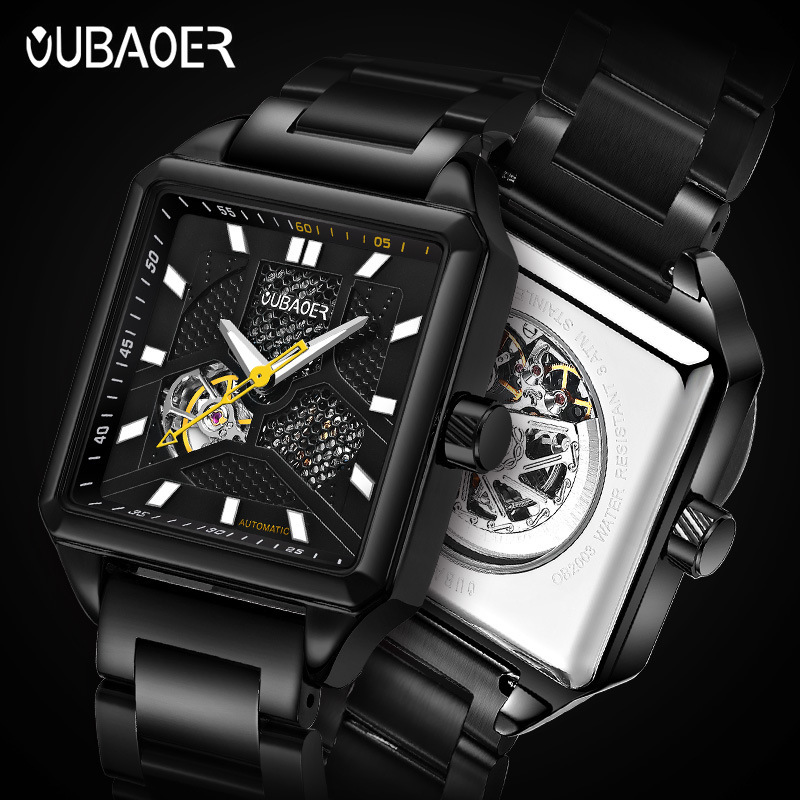 Explosive automatic mechanical watch fashion trendy men's watch hollow waterproof steel band square mechanical watch wholesale Explosive automatic mechanical watch fashion trendy men's watch hollow waterproof steel band square mechanical watch wholesale