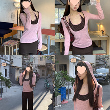 红人 长袖t恤女2026新款春季打底衫粉色辣妹连帽修身上衣两件套
