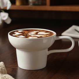 中古风宽口陶瓷女士精致咖啡杯拉花杯设计感小众杯子纯白马克杯