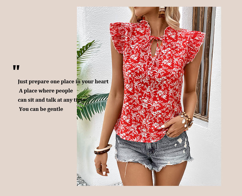 Red Printed Ruffled short-sleeved Lace-up Shirt_voghion.com
