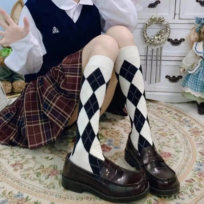 秋の新作jkカーフソックス、菱形格子柄ソックス、女子学生向けミレニアムレトロins風カーフソックス|undefined