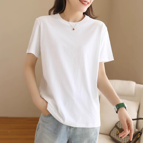 220g heavy-duty pure cotton short-sleeved t-shirt for ladies 2025 summer basic white top solid color t-shirt thin round neck