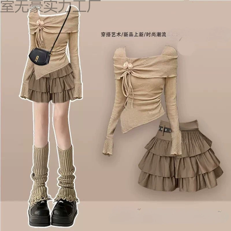 Осенняя женская мода, хит продаж 2024 года, новый осенний стиль, ленивый дизайн, топ с высокой талией, короткая юбка, модный комплект из двух предметов