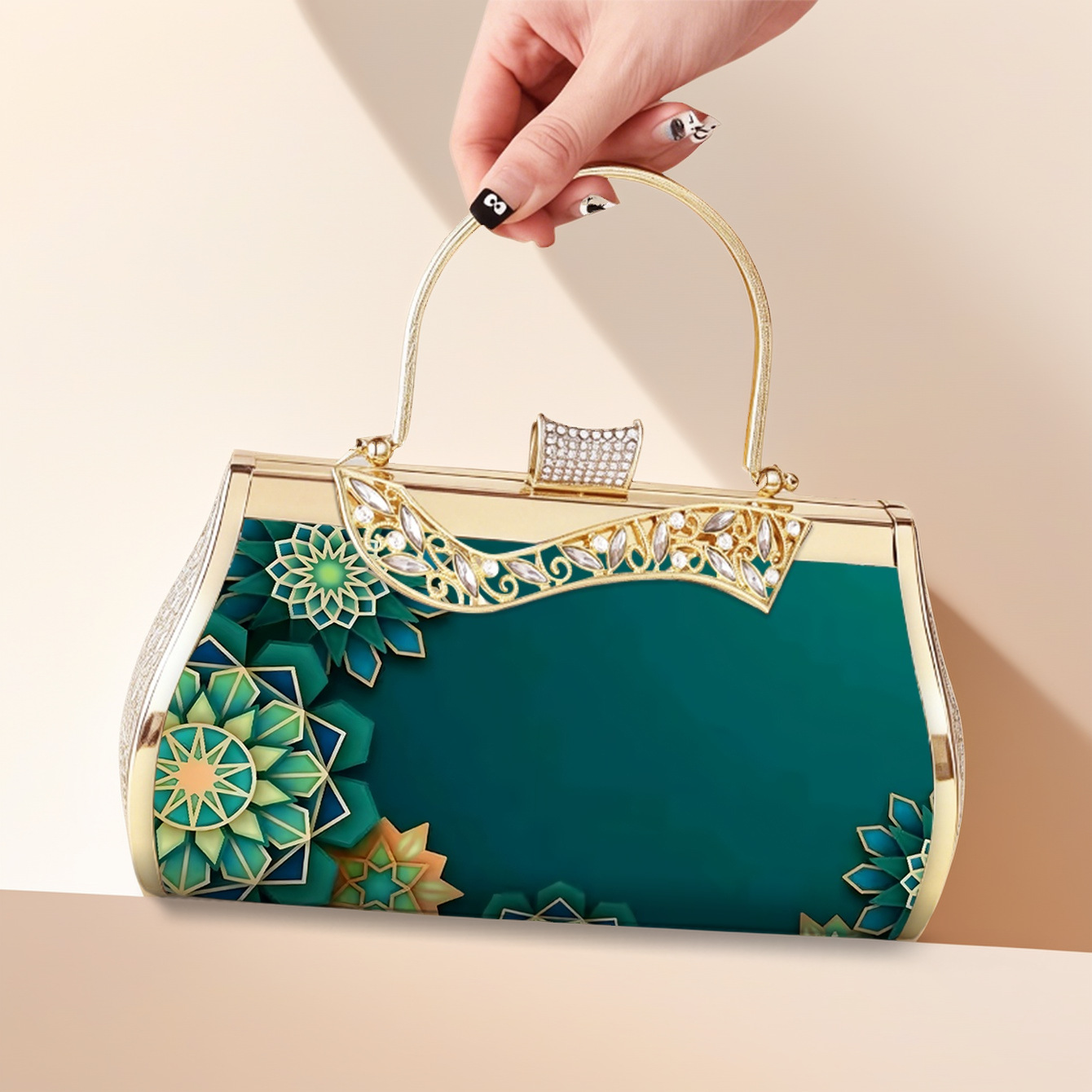 Elegante Abendtasche In Smaragdgrün Mit Blumenmuster Und Gold_voghion.com