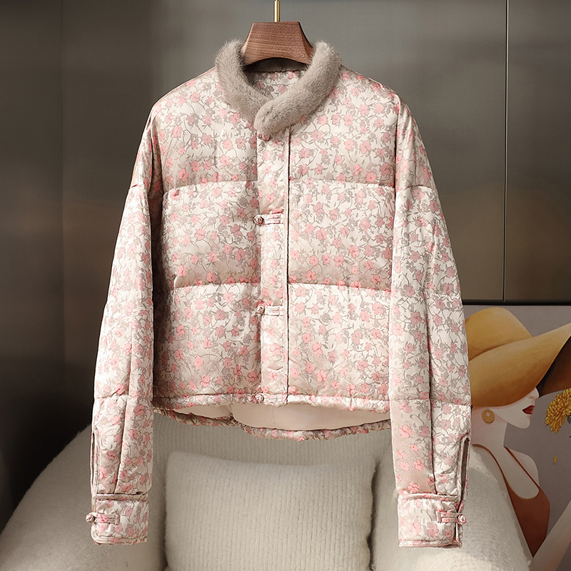 2025년 신상품 여성용 실크 거위털 재킷, 새로운 중국식 밍크 털 칼라, 고급 무형문화유산 송진 짧은 다운 재킷