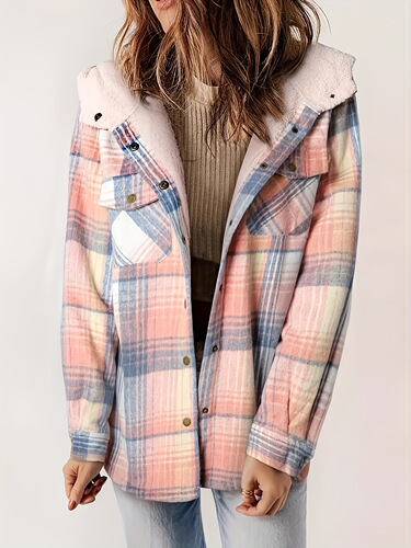 Women's Casual Plaid Hooded Jacket Cozy Flannel Retro