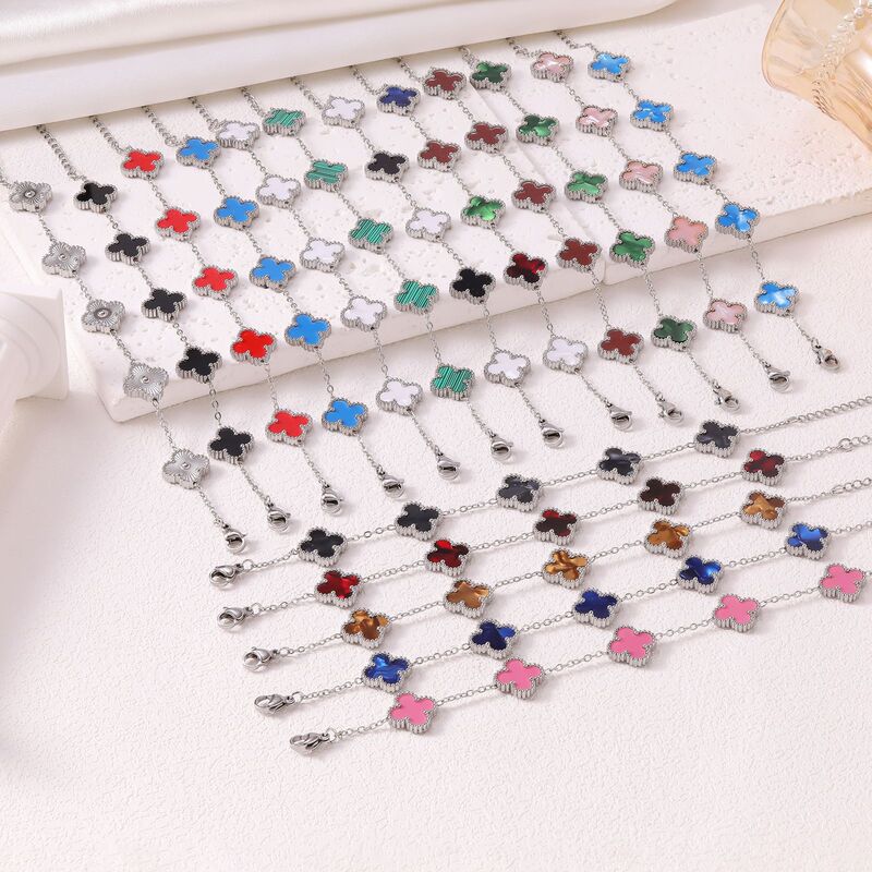 13mm Silver Double-Sided Four-Leaf Clover Bracelet Titanium Steel Non-Fading Jewelry Hot-Selling Light Luxury Lucky Clover Women's Jewelry