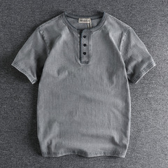 重ポンド水洗い復古硬漢風ヘンリー襟半袖tシャツ男280g高坪重綿青年純色半袖