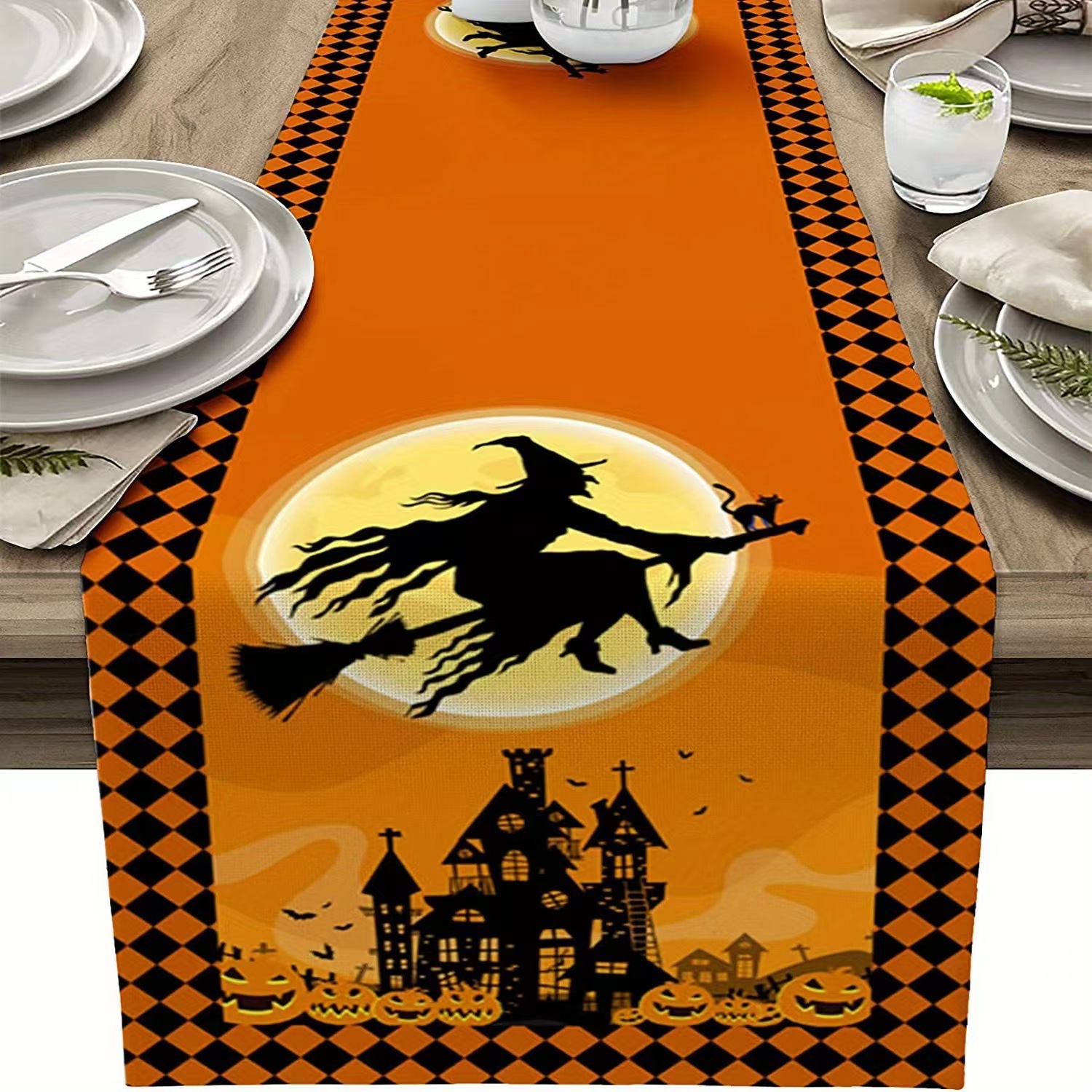 Transfronterizo 2024 Amazon nuevo Halloween calabaza fantasma gato negro lino tabla bandera de mesa mesa de comedor bandera de té