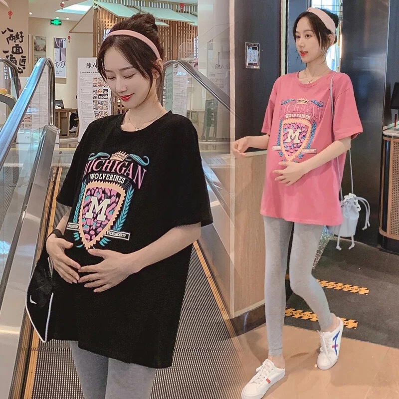 Maternity clothes spring and summer short sleeve mid-length T-shirt belly covering loose printed top two pieces fashion trend suit