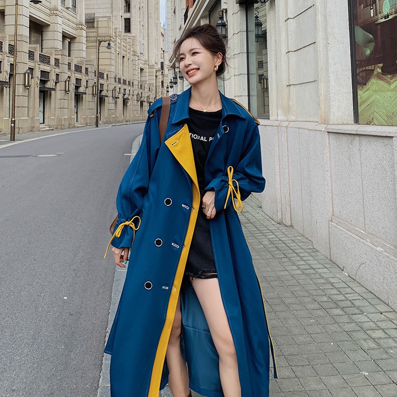Peacock blue contrast color stitching windbreaker Women's Mid-length spring and autumn 2024 New British style loose all-match coat fashion