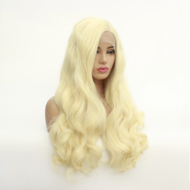 Fibra química peluca estrella de moda europea y americana oro ligero parcial gran onda frente encaje cubierta de cabeza fabricantes al por mayor LW0034