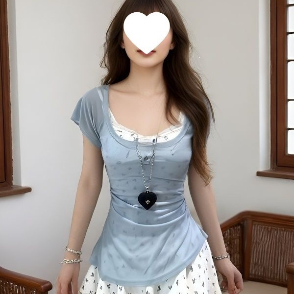 Sweet Girly Style Blue Square-Neck Short-Sleeved T-Shirt Top for Women in Summer, Waist-Cinching Slimming Floral Suspender Skirt Two-Piece Set Sweet Girly Style Blue Square-Neck Short-Sleeved T-Shirt Top for Women in Summer, Waist-Cinching Slimming Floral Suspender Skirt Two-Piece Set