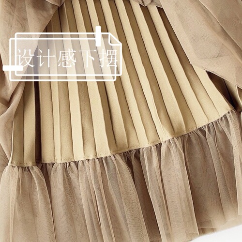 Elegant long maxi skirt with pleated design, flattering puff sleeves, French-style, lace half-body skirt for women, suitable for autumn and winter, stylish dress.