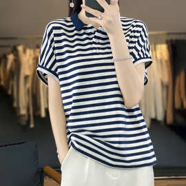春夏款短袖T恤女娃娃领撞色条纹短袖休闲POLO领宽松显瘦体恤上衣