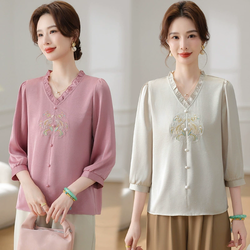 Винтажный топ с короткими рукавами в китайском стиле для мам, женщин среднего возраста, тонкая и классная блузка в подарок на День матери.
