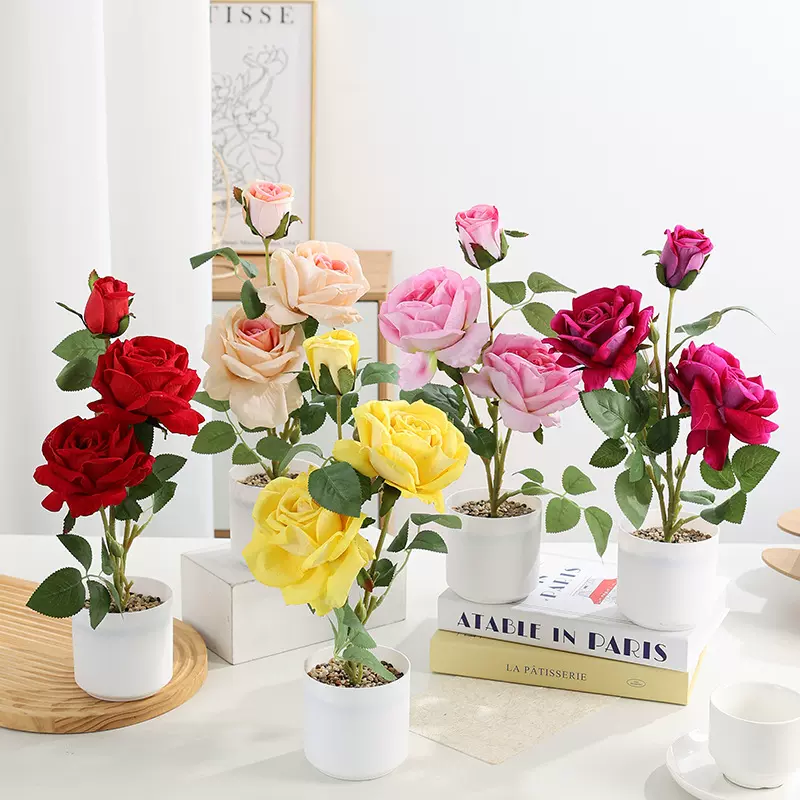 仿真小盆栽居家软装仿真花石子三头玫瑰绢花欧式餐桌盆景厂家现货