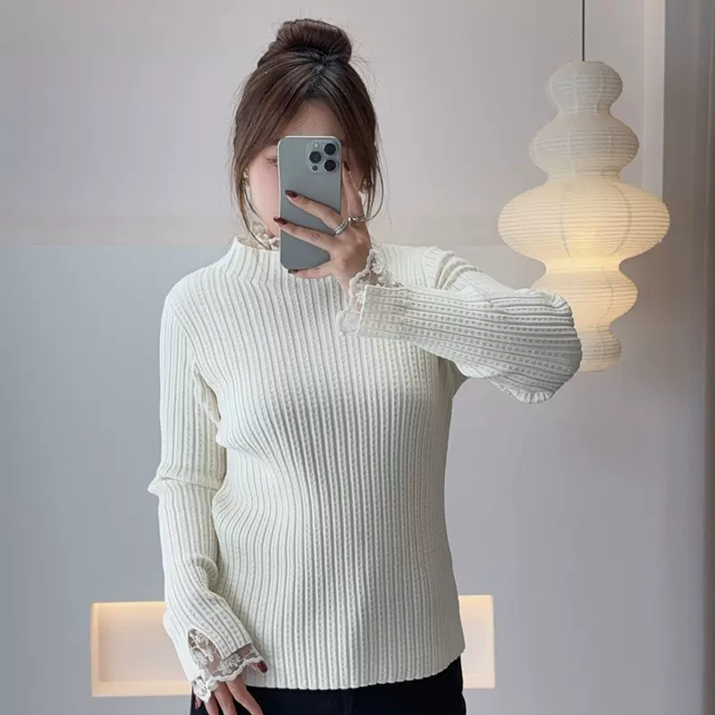 双天25年胖mm大码女装毛衣女秋冬新款半高领蕾丝边打底毛衣F631