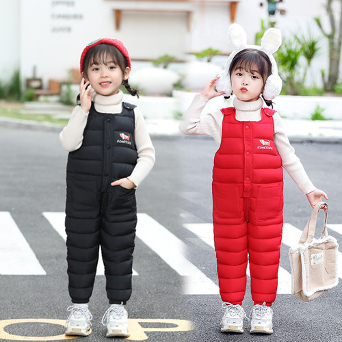 Children's down cotton pants overalls boys' and girls' winter wear cotton long pants with crotch opening thickened baby jumpsuit for outdoor wear