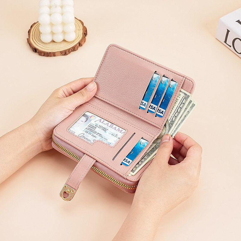 Monedero simple para damas corto y compacto multi-tarjeta bolso de tarjetas plegables 2 en 1 bolso de cambio de lichi patrón billetera estudiantil