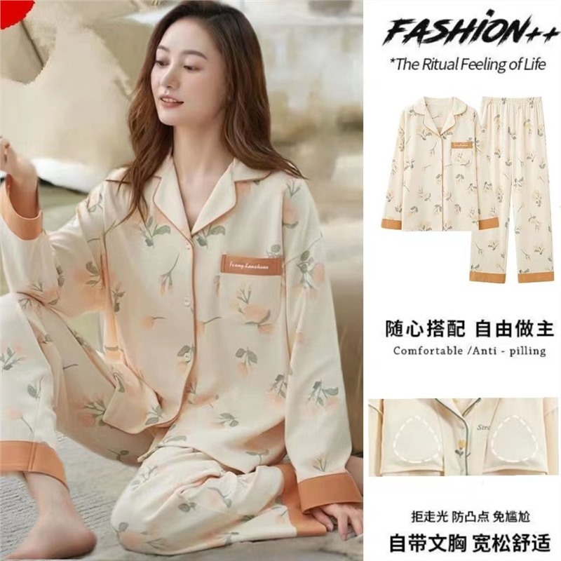 Pijamas de mujer 100% algodón 30-40-50 años con almohadilla en el pecho estilo coreano de manga larga para niña más tamaño Otoño e Invierno confinamiento