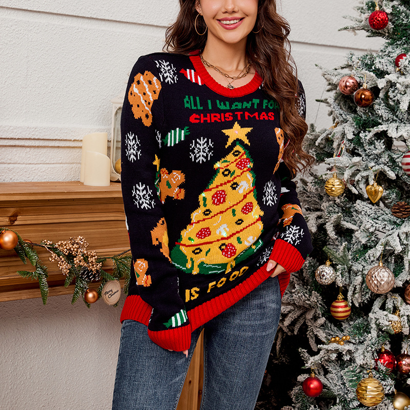Women's Clothing women's casual loose lazy style sweater Christmas tree contrast jacquard sweater Christmas sweater_voghion.com