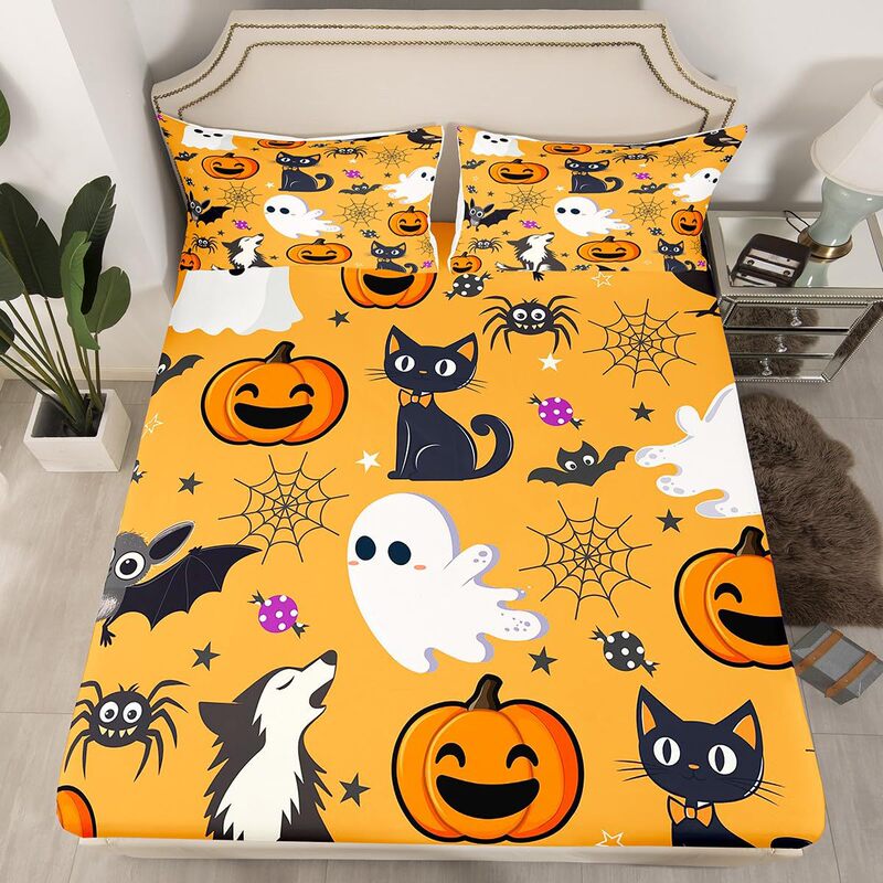 Cross-Border Three-Piece Fitted Sheet Set Halloween Theme Gothic Ghost Fitted Sheet Bedding Set for Adults and Children