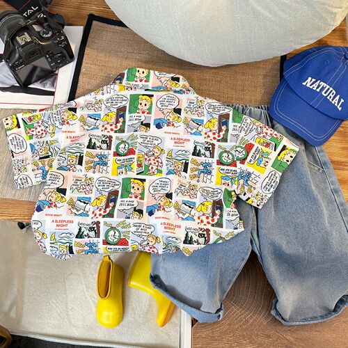 Children's shirt men's summer short-sleeved trendy flower fashion boy cartoon flower shirt foreign style Hong Kong style boy suit for vacation