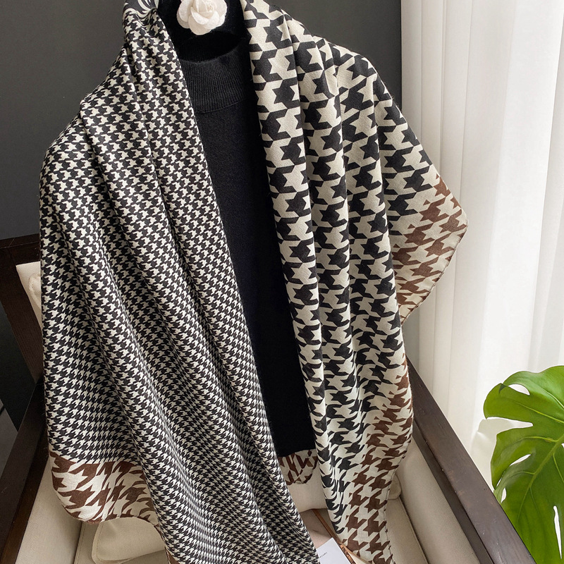 Estilo coreano de las mujeres del todo-fósforo houndstooth impreso algodón y lino bufanda cuadrada grande bufanda de playa 135*135cm